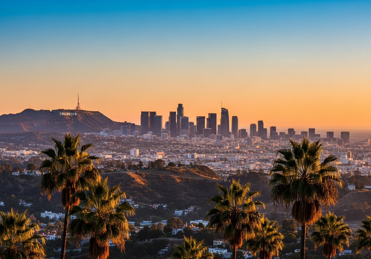 Los Angeles cityscape at sunset